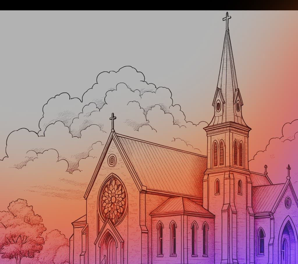 Church interior with beautiful stained glass windows representing spiritual community